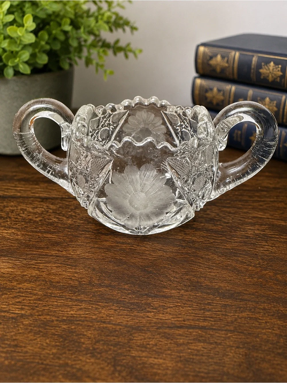 Vintage Clear Pressed Glass Double Handle Sugar Bowl Open Rose Pattern